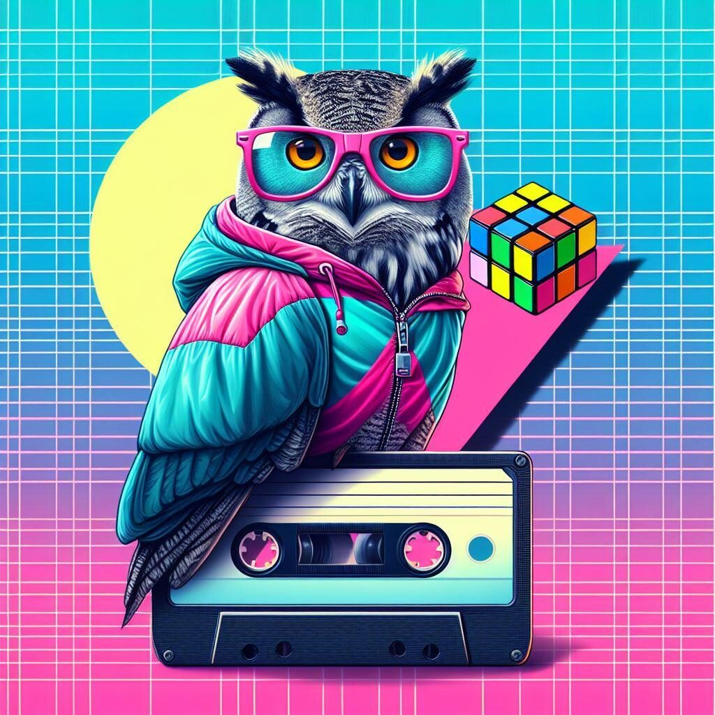 An AI-generated profile picture of an owl wearing a jacket, perched on top of a cassette tape with other 80s iconography.